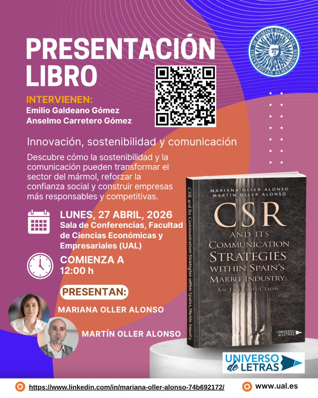 Presentación del libro CSR and Its Communication Strategies within Spain’s Marble Industry: An Introduction, de Mariana Oller Alonso y Martín Oller Alonso en la Universidad de&nbsp;Almería